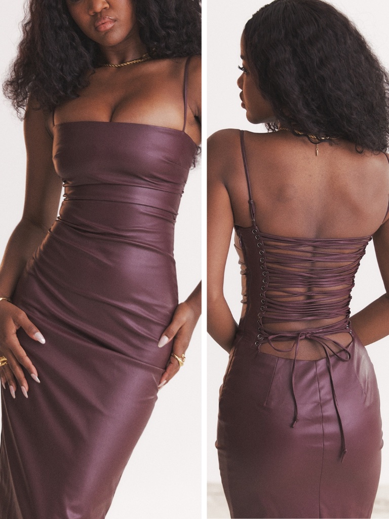 New House Of Cb Jalena Vegan Leather Lace Up Back Dress Mulberry Medium